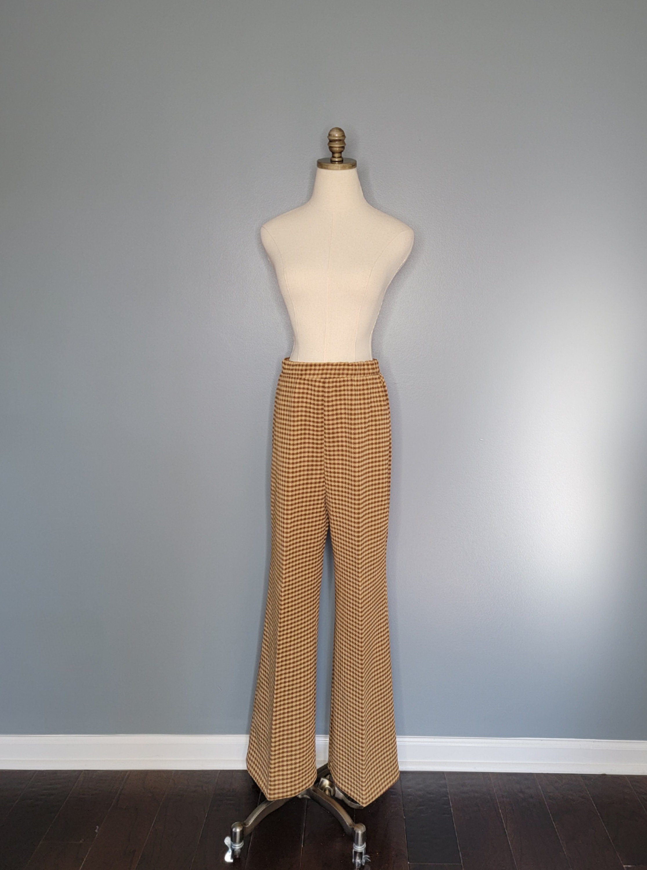 60s Brown and Tan Houndstooth Wide Leg Pants Pykettes - Etsy