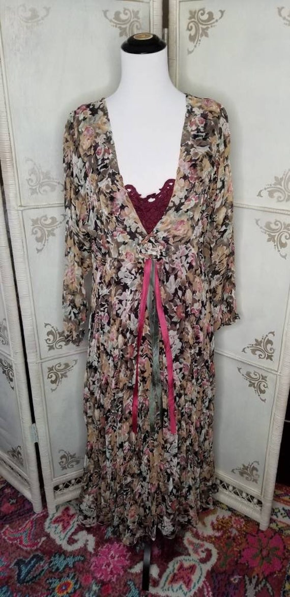 80s Lew Magram Floral Dress Burgundy Small - image 5