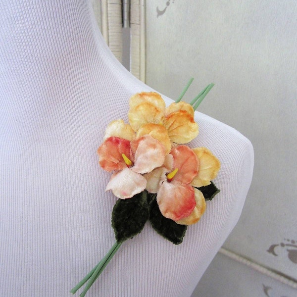 Vintage Corsage Velvet Pansies Yellow and Orange