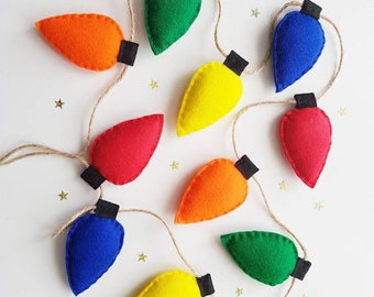 Felt Christmas Fairy Lights Decoration, Festive Garland, Coloured Light String, Felt Lights Bunting, Multi-coloured String Lights,