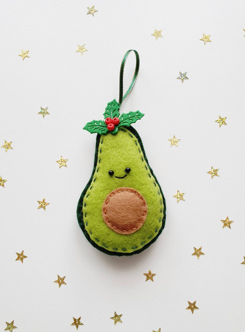 Felt Avocado Christmas Decoration, Felt Decorations, Avocado Gifts, Foodie Gifts, Mothers Day Gift, Teacher Gifts With holly