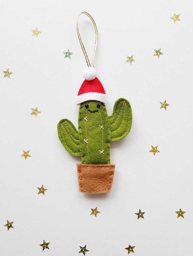 Felt Cactus Christmas Tree Decoration, Fabric Cactus Ornament, Festive Christmas Hat Bauble, Stocking Filler, Teacher Gift, Secret Santa image 1