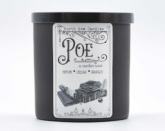 POE / Cedar Opium Brandy / Scented Soy Candle / Poe Candle / Book Candle / Gothic Decor / Macabre Writer / Horror Candle / Literary Candle /