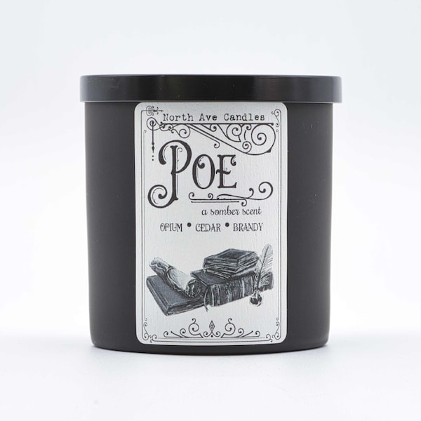 POE / Cedar Opium Brandy / Scented Soy Candle / Poe Candle / Book Candle / Gothic Decor / Macabre Writer / Horror Candle / Literary Candle /