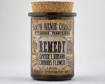 REMEDY / Cannabis Flower and Dandelion Scented Candle / Apothecary Candle / Vintage Candle / Unique Candle / Snake Oil Candle / Green Glass