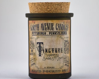 TINCTURE / Rosemary Sage Mint Scented Candle / Apothecary Candle / Vintage Candle / Unique Candle / Snake Oil Candle / Green Glass Candle