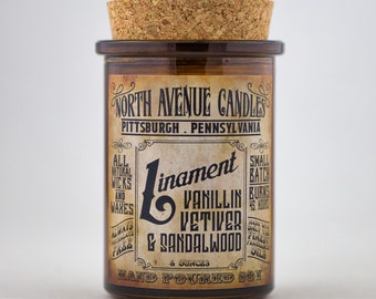 LINIMENT / Sandalwood Vanillin Vetiver  Candle / Apothecary Candle / Vintage Candle / Unique Candle / Snake Oil Candle / Medicine Show