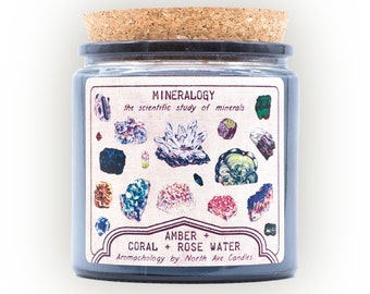 Bougie en cristal, étiquette d'art minéralogique - Parfum d'ambre, de corail et d'eau de rose