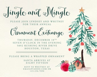Ornament Exchange Party Invitations | Christmas Party Invitation | Watercolor Tree | Red & Green -FREE SHIPPING or DIY printable