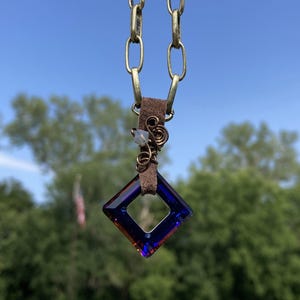 Necklace, Swarovski Crystal Pendant, Handmade, Antiqued Brass Chain, Adjustable, Wirework