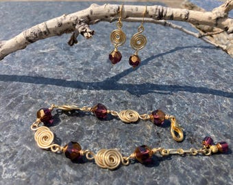 Jewelry, Bracelet & Earring Set, Handmade Wirework, Fire-Polished Purple Crystal Beads and Gold-Filled Wire