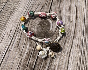 Bracelet, Handmade Macrame Jewelry, Colorful Clay Beads with Natural Hemp Cord, Button Clasp