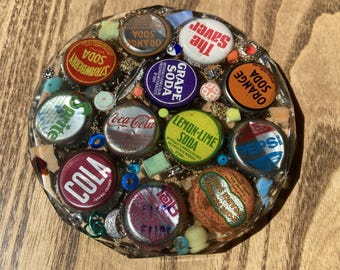 Coaster, Pop/Soda Vintage Bottlecaps, handmade with 40+ year old upcycled/salvaged/recycled caps. Epoxy resin, round coaster beveled edges