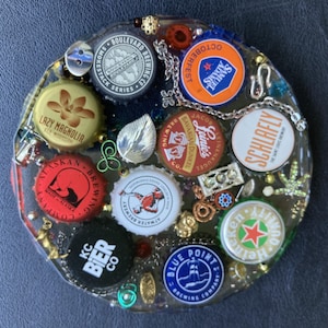 Coaster, Beer Bottlecaps, handmade with upcycled/recycled caps from many breweries. Multicolor epoxy resin round coaster beveled edges