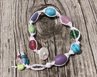 Bracelet, Handmade Macrame Jewelry, Pastel Glass Beads with White Hemp Cord, Button Clasp