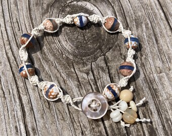 Bracelet, Handmade Macrame Jewelry, Aqua & Tan Glass Beads with Off-White Hemp Cord, Button Clasp