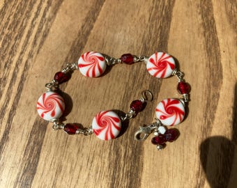 Jewelry, Peppermint Bead & Wirework Bracelet, Handmade, Glass and Sterling Silver