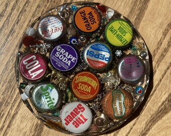 Coaster, Pop/Soda Vintage Bottlecaps, handmade with 40+ year old upcycled/salvaged/recycled caps. Epoxy resin, round coaster beveled edges