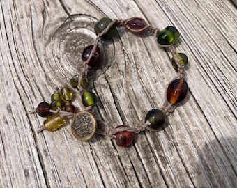 Bracelet, Chunky Green & Brown Handmade Macrame Jewelry, Button Clasp