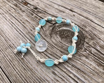 Bracelet, Handmade Macrame Jewelry, Aqua Glass Beads with White Hemp Cord, Button Clasp