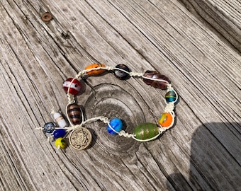 Bracelet, Colorful Glass Beads with Natural Hemp Cord, Button Clasp, Handmade Macrame Jewelry