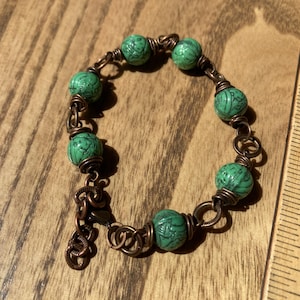 Jewelry, Copper and Green Bracelet, Handmade Wirework