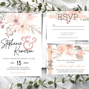 Blush Floral Hochzeitseinladung Set | Digitale Einladung + Antwortkarte + Details | Aquarell Hochzeit Leinwand Vorlage | Sofort Download