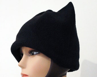 Hat, beanie, for women, with cat ears, custom-made, in recycled fleece, black, very warm, handmade, ZAWANN, made in France