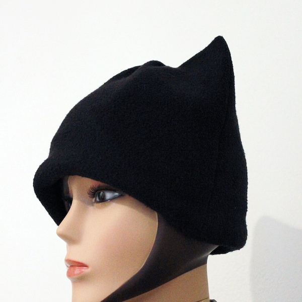 Chapeau, bonnet, pour femme, avec oreilles de chat, sur mesures, laine polaire recyclée, noir, bien chaud, handmade, ZAWANN , made in france