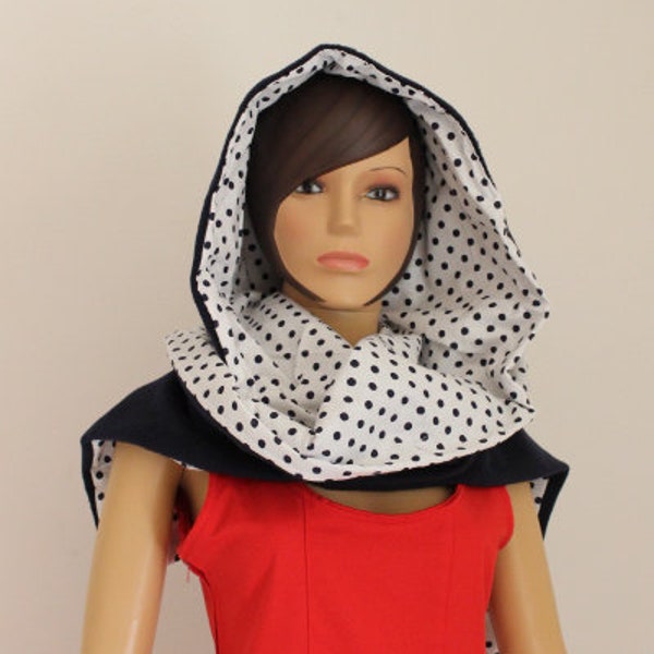 capuche écharpe de fée bleu marine en laine polaire doublure blanc à pois, scarf, hood, wool, fairy, fairygrunge, hooded, elfe, lutin