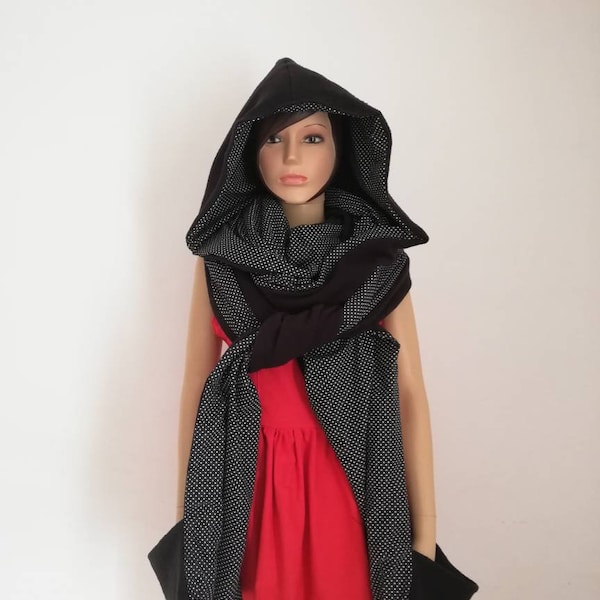 Capuche écharpe de fée, avec poches, couleur noir, fait main, handmade, fairy, hooded scarf with pocket, black, Très longue écharpe