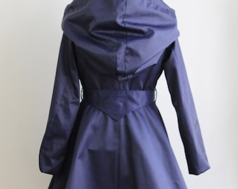 blue trench coat, waterproof, gothic, magical, fairy tale, handmade, handmade, designer, made in France, women's coat, raincoat, zawann
