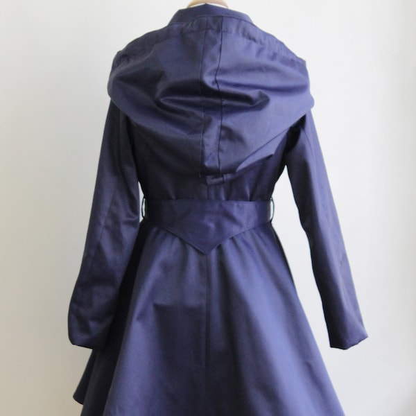 trench bleu, imperméable, gothique, féérique, conte de fée, fait main, handmade, créateur, made in france, manteau femme, raincoat, zawann