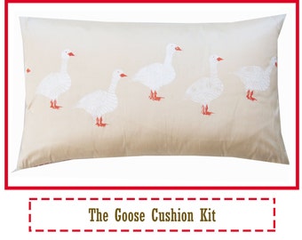 Silk hand printed goose cushion kit. Line of geese printed on silk with red polka dot envelope back. Very luxurious design.