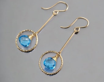 Swiss Blue Topaz Earrings, December Birthstone / Handmade Jewelry / Long Dangle Earrings, Gold Hoop Earrings, Gemstone Earrings, Everyday