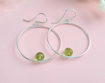 Peridot Hoop Earrings, August Birthstone /Handmade Jewelry/ Peridot Earrings, Birthstone Earrings, Gold or Silver Hoops, Gemstone Earrings