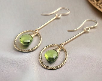 Peridot Earrings, August Birthstone /Handmade Jewelry/ Long Dangle Earrings, Gold Hoop Earrings, Dainty Gemstone Earrings, Everyday Earrings