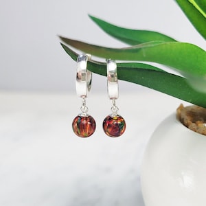 Red Fire Opal Huggie Hoops, October Birthstone Earrings /Handmade Jewelry/ Huggie Hoop Earrings, Opal Dangle Earrings, Gemstone Earrings