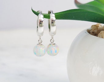 Opal Huggie Hoops, October Birthstone Earrings /Handmade Jewelry/ Silver Opal Hoop Earrings, Opal Dangle Earrings, Dainty Gemstone Earrings
