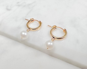 Freshwater Pearl Earrings, Bridal Earrings, Hoop Huggie Earrings, Dainty Dangle Earrings, June Birthstone, Classic Pearl Earrings, Elegant