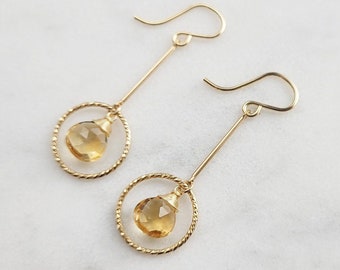 Citrine Earrings, November Birthstone / Handmade Jewelry / Long Dangle Earrings, Gold Hoop Earrings, Gemstone Earrings, Everyday Earrings