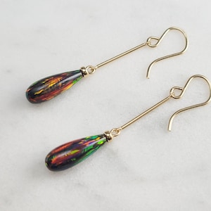 Black Opal Earrings, October Birthstone Earrings /Handmade Jewelry/ Opal Long Dangle Earrings, Gold Opal Earrings, Dainty Gemstone Earrings