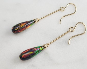 Black Opal Earrings, October Birthstone Earrings /Handmade Jewelry/ Opal Long Dangle Earrings, Gold Opal Earrings, Dainty Gemstone Earrings