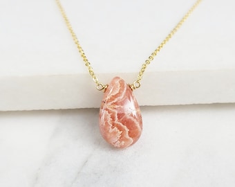 Dainty Rhodochrosite Necklace, Necklaces for Women / Handmade Jewelry /Rhodochrosite Pendant, Delicate Layering, Simple Gold Necklace Silver
