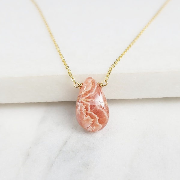 Dainty Rhodochrosite Necklace, Necklaces for Women / Handmade Jewelry /Rhodochrosite Pendant, Delicate Layering, Simple Gold Necklace Silver