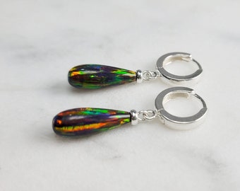 Black Opal Huggie Hoops, October Birthstone Earrings /Handmade Jewelry/ Silver Opal Hoop Earrings, Opal Dangle Earrings, Gemstone Earrings