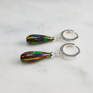 Black Opal Huggie Hoops, October Birthstone Earrings /Handmade Jewelry/ Silver Opal Hoop Earrings, Opal Dangle Earrings, Gemstone Earrings Black Opal