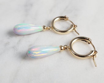 White Opal Earrings, Bridal Earrings, Hoop Huggie Earrings, Dainty Dangle Earrings, October Birthstone, Gemstone Earrings, Opal Hoop Huggies