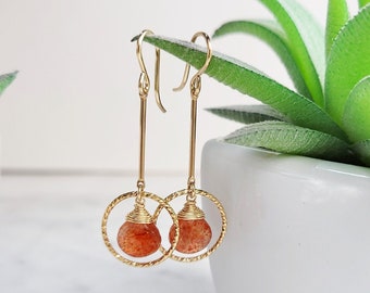 Sunstone Earrings, Gemstone Earrings / Handmade Jewelry / Long Dangle Earrings, Gold Hoop Earrings, Everyday Earrings, Statement Earrings