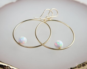 Opal Hoop Earrings, October Birthstone /Handmade Jewelry/ Opal Earrings, Bridal Earrings, Gold or Silver Hoops, Gemstone Earrings, Dainty